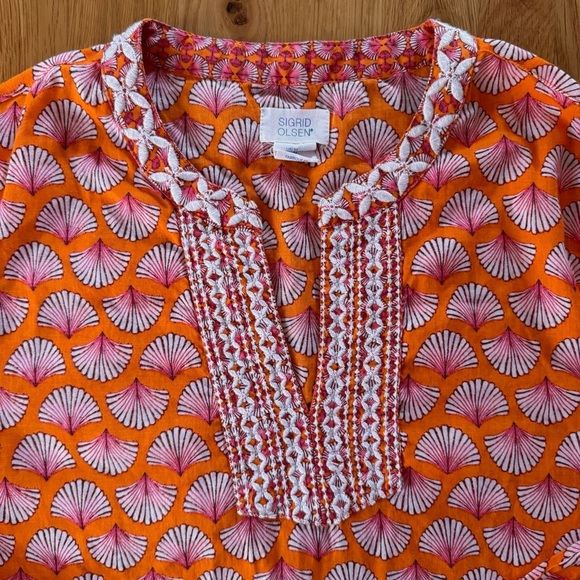 Sigrid Olsen 100% Cotton Printed Shell Tunic Embroidered Orange Pink Size M - Picture 4 of 8